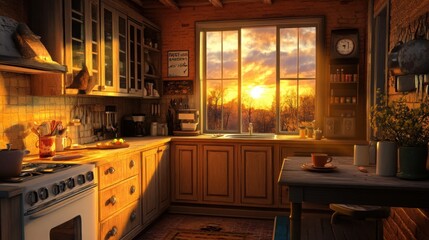 A cozy kitchen with dim lighting, where a person is seated at the table with a cup of tea