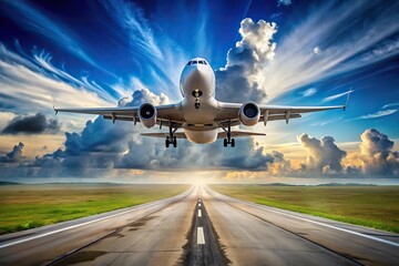 Fototapeta premium Thrilling takeoff of an aircraft soaring into a blue sky