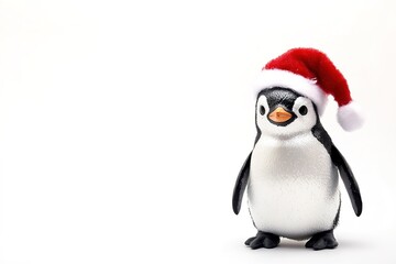 Fototapeta premium Penguin toy in Santa hat on white background