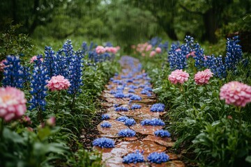 Obraz premium Rainy Garden Path Lined with Blue and Pink Flowers