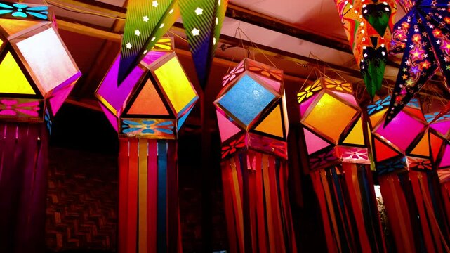 Pune, Maharashtra, India, October. 25, 2024 - Colorful traditional Lanterns in Various Shapes Akash kandil (Diwali decorative lamps) Hang out side shop for sale celebrating Diwali Festival.