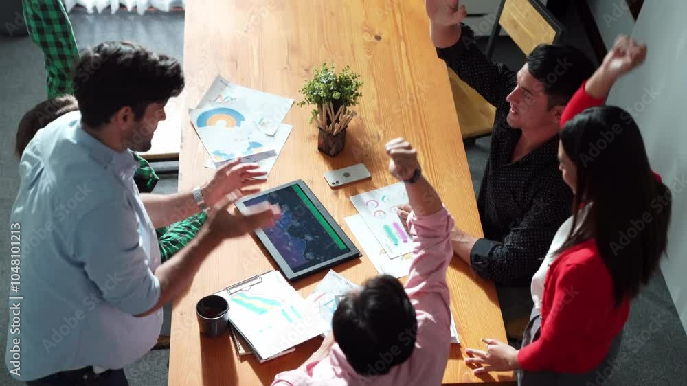 Aufkleber top view of happy creative team putting hands together while drawing mind map. group of diverse peop