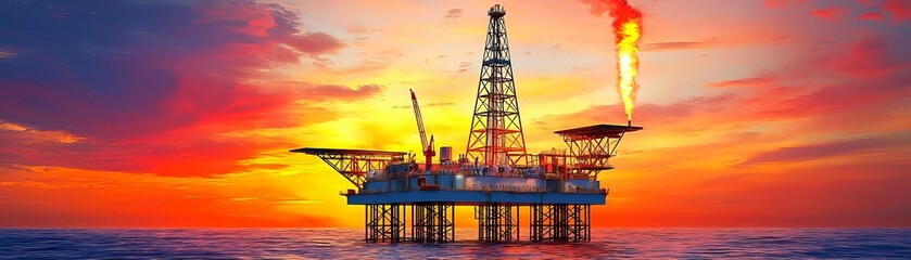 Obraz premium Oil platform with flaring tower against the backdrop of a sunset, orange and red hues illuminating the sky, reflections on water, powerful industrial aesthetic