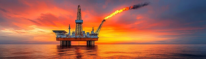 Obraz premium Oil rig at sunset, emitting flames, surrounded by water and vibrant sky colors, showcasing energy production and environmental impact.