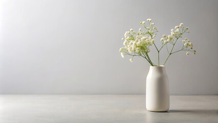 Naklejka premium A simple bouquet of delicate white blooms arranged in a plain white vase against a minimalist backdrop.