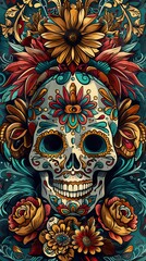 Naklejka premium Vector illustration of an ornately decorated Day of the Dead sugar skull, or calavera, day of Dead
