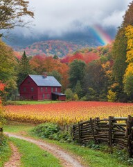 A scenic autumn landscape featuring a red house, colorful trees, and a rainbow in the sky.