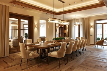 Fototapeta premium Interior of modern dining room with wooden walls