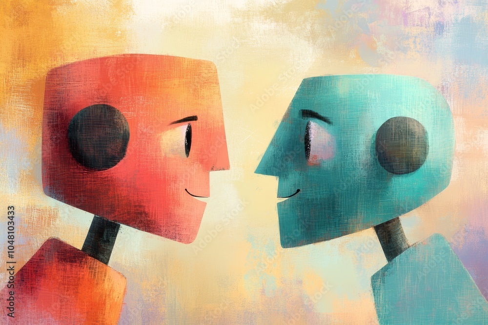 Poster colorful artistic representation of two friendly robots facing each other in a vibrant and abstract 