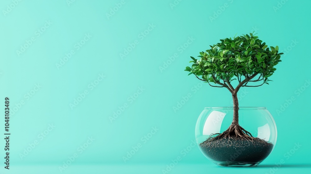 Poster bonsai tree in a glass container with roots visible on a turquoise background