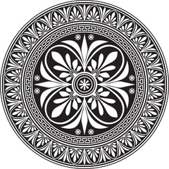 Vector black monochrome classic Greek round ornament. Circle of Ancient Greece and the Roman Empire. Byzantine painting of walls, floors and ceilings. Decoration of European palaces