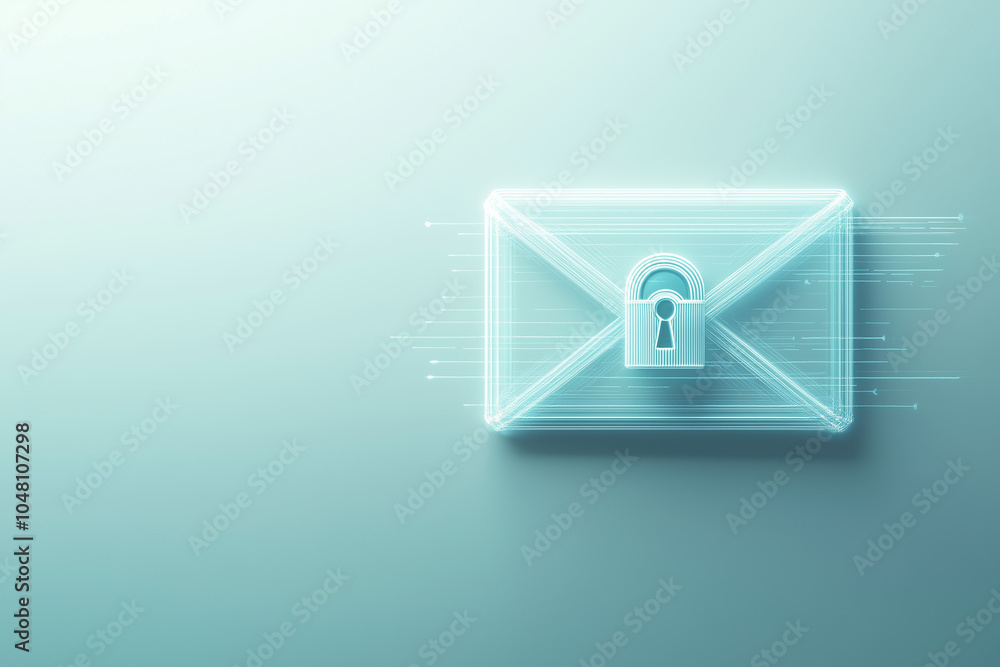 Poster a digital email icon with a secure lock symbol overlay, representing encryption, on a clean white ba