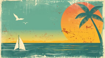Vintage Tropical Sunset Sailboat Scene 