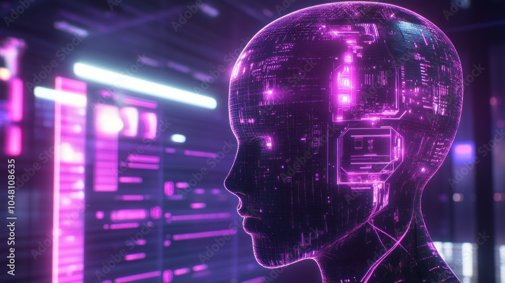 Poster a digital head constructed of intertwined circuitry and glowing purple lines