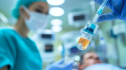 Fototapeta premium A close-up of a healthcare professional preparing an injection in a modern hospital room, focusing on the syringe and patient in the background.