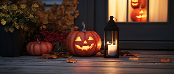 Obraz premium A cozy Halloween evening scene featuring a glowing carved pumpkin beside a lantern on a wooden porch adorned with autumn leaves and seasonal decor.
