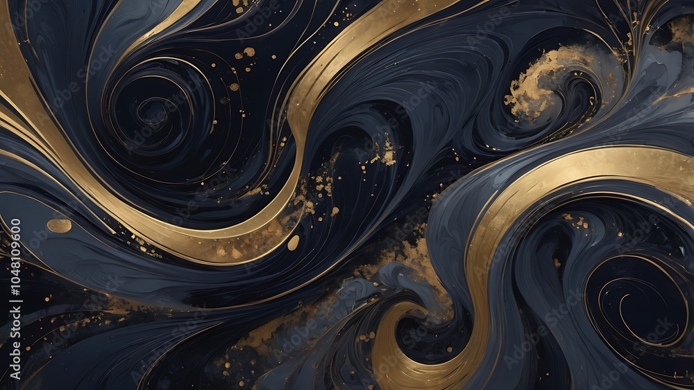 Poster abstract digital artwork featuring swirling patterns in a harmonious blend of dark blue and gold ton
