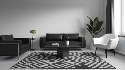 A monochrome minimalist living room with black and white decor, sleek furniture, and a geometric area rug.