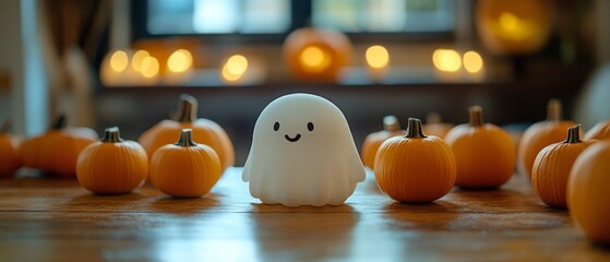 A cute white ghost figurine surrounded by vibrant pumpkins on a cozy wooden table, illuminated by warm autumn lights for a cheerful Halloween atmosphere.