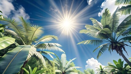 Fototapeta premium Dense Tropical Jungle with Vibrant Greenery and Sun Rays