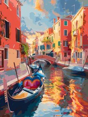 Venetian Gondola at Sunset: A vibrant painting of a picturesque Venetian canal, featuring colorful buildings, a charming bridge, and gondolas gently bobbing on the water.