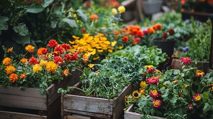Fototapeta premium A vibrant community garden brimming with blossoms and fresh produce, celebrating biodiversity in a sustainable urban oasis.