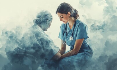 Watercolor nurse caring for a patient, kind and gentle tones, 3D illustration
