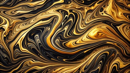 Tilted angle background liquid paint marbling effect in black and gold colors