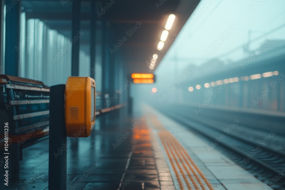 Poster a foggy train station platform at dawn with blurred lights and empty benches waiting for morning com