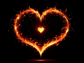 Fototapeta premium Abstract design fiery heart shape with glowing sparkling particles on a black background.