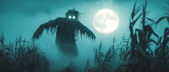 A haunting scarecrow with glowing eyes emerging from a foggy cornfield under a full moon, creating an eerie atmosphere on a chilling autumn night.