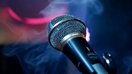 Microphone concert Karaoke nightlife club black close-up mic background singing musical bar smoke Music professional podcast studio broadcasting live party pop song radio sound stage voice audio medi