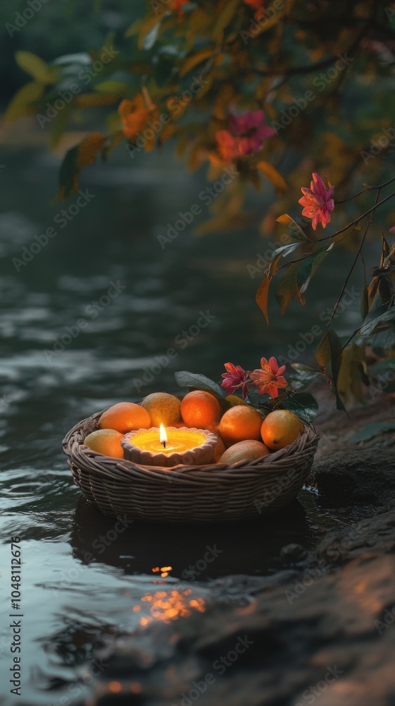 Wall mural an empty scene featuring blank mockup template of a glowing diya placed carefully in a small wicker 