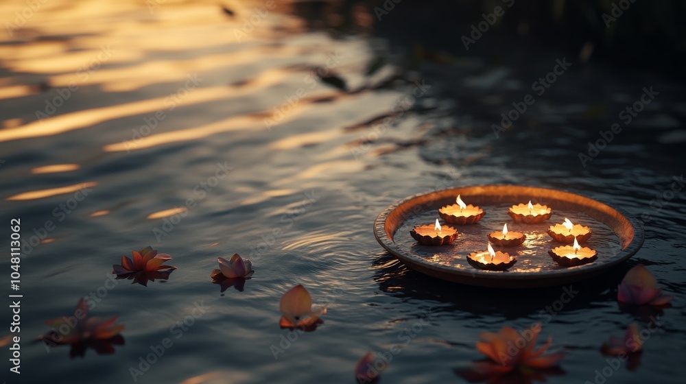 Wall mural an empty scene featuring blank mockup template of an offering plate with lit diyas floating down the