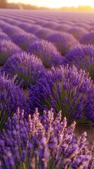 A vibrant field of blooming lavender bathed in golden sunset light, showcasing rich purple hues and delicate flowers, creating a serene and calming atmosphere.