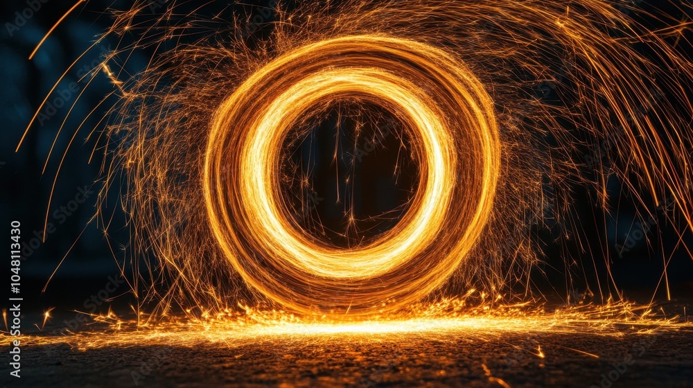 Poster a stunning visual of sparks spinning around a flashing star, with flying particles in a mesmerizing 