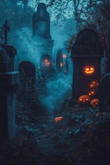 A misty graveyard at night, adorned with glowing Jack O Lanterns, haunting tombstones, and an eerie fog creating a chilling Halloween atmosphere.