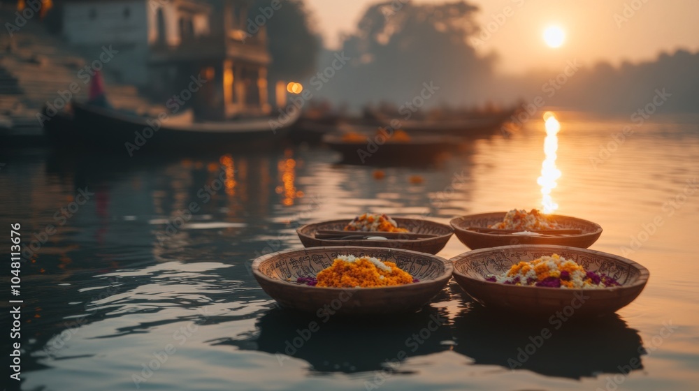Wall mural an empty scene featuring blank mockup template of boats floating on the river with offering plates i