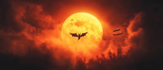 A mysterious bat silhouetted against a gigantic orange full moon, surrounded by dark clouds, creating an eerie atmosphere of the Halloween night sky.