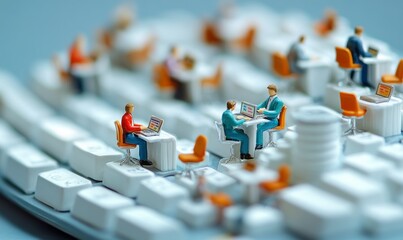 Fototapeta premium Miniature office workers typing on a giant keyboard, using the keys as desks and chairs, 3D whimsical