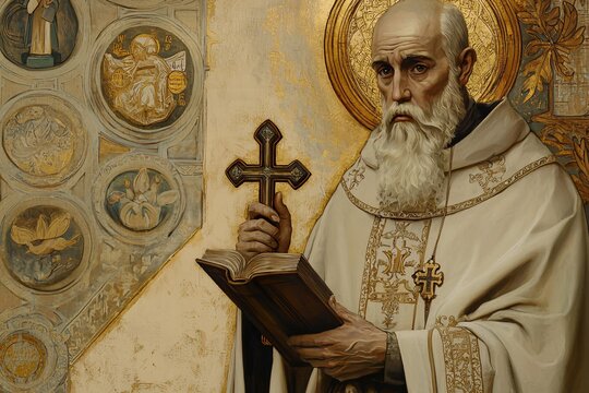 Saint Benedict is depicted in an iconic artwork, grasping a cross and a book embellished with timeless symbols of spirituality and knowledge.