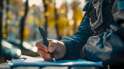 Close-up of a uniformed police officer writing a crime report and collecting evidence for prosecution. An emergency service provider is occupied with completing paperwork and data.