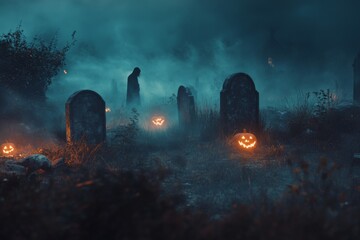 Naklejka premium A mysterious graveyard shrouded in fog, featuring glowing Jack O Lanterns and shadowy figures amidst eerie headstones on a haunting Halloween night.