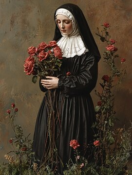 Saint Rita of Cascia is gracefully depicted in traditional garb, holding roses that symbolize hope, faith, and resilience.