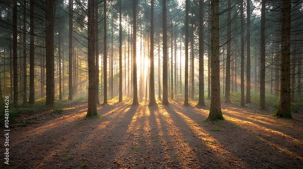 Poster sunlight streaming through tall trees in a serene forest creating beautiful patterns on the ground