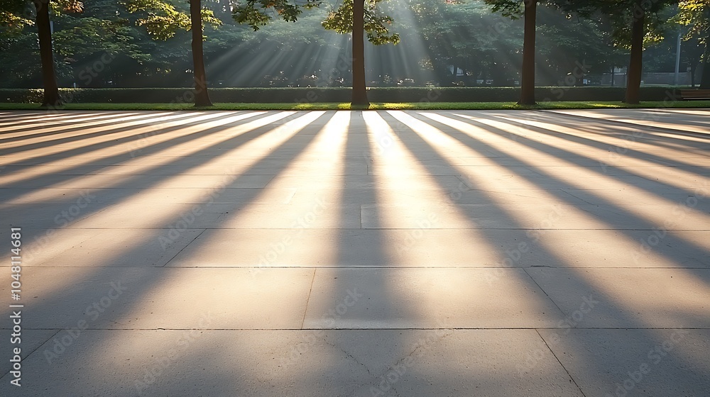 Poster dramatic sunlight filtering through trees creating enchanting shadows on a serene pathway in a tranq