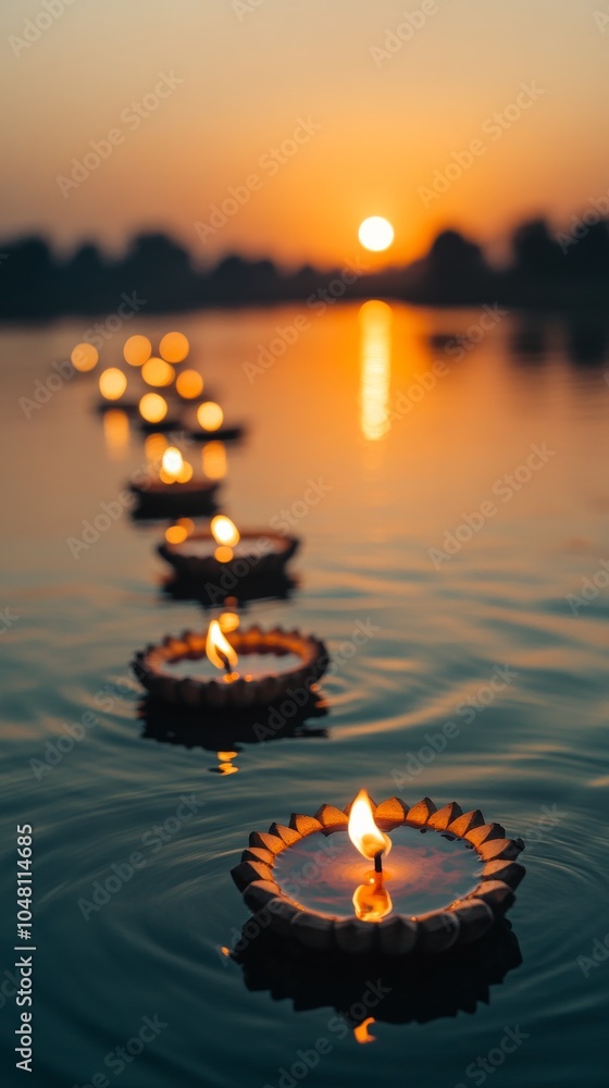 Wall mural an empty scene featuring blank mockup template of multiple diyas floating down the river at sunset, 