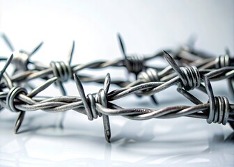 Close-Up of Barbed Wire on White Background - Textured Metal, Sharp Edges, Industrial Design, Abstract Art, Minimalism, Symbolism of Restraint and Boundaries