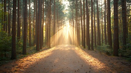 Obraz premium A serene path through a sunlit forest embracing nature's beauty and tranquility in the heart of the woods