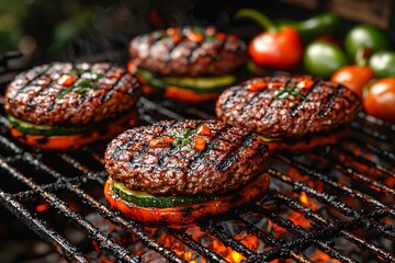 Fototapeta premium Juicy Grilled Burgers on BBQ Grill with Vegetables and Flames